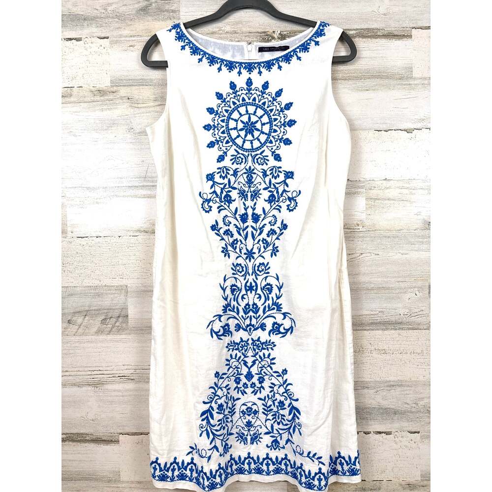 Marks & Spencer 10 White Blue Flax Embroidered Midi Dress Lightweight Boho Chic
